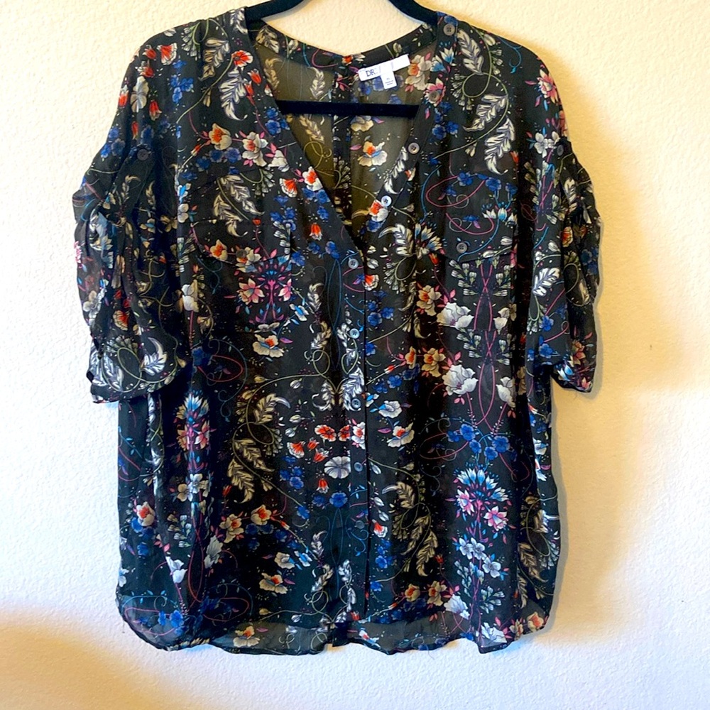 DR2 Floral Print Sheer v neck Oversized Blouse